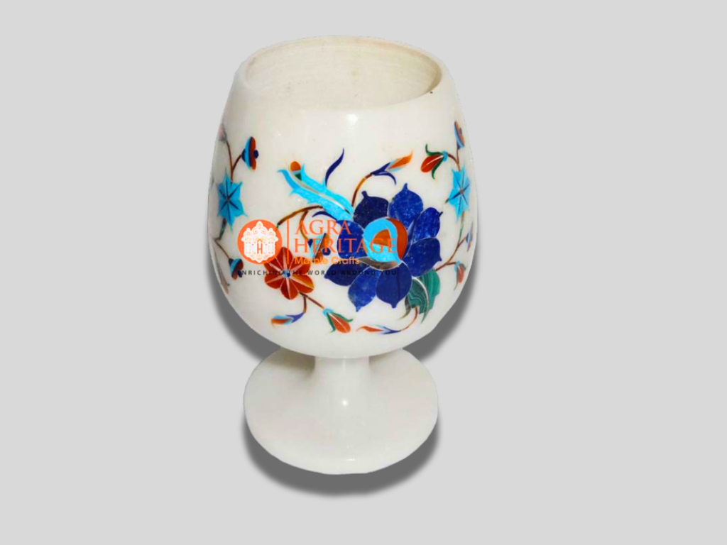 Marble 4 Pcs Wine Glass Inlay Stone Lapis Turquoise Floral Decor